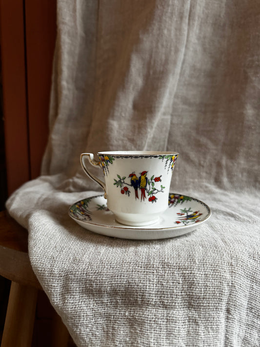 Vintage Bird Motif Teacup & Saucer – Fine Bone China Everyday Set